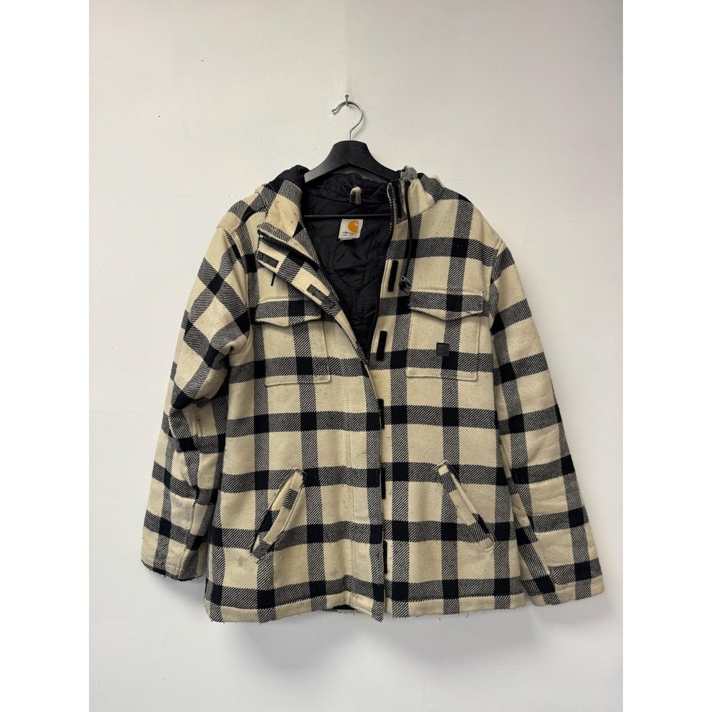 Carhartt Jacket Womens Large Beige Black Plaid Wool Hooded Parka Zip‎ Coat